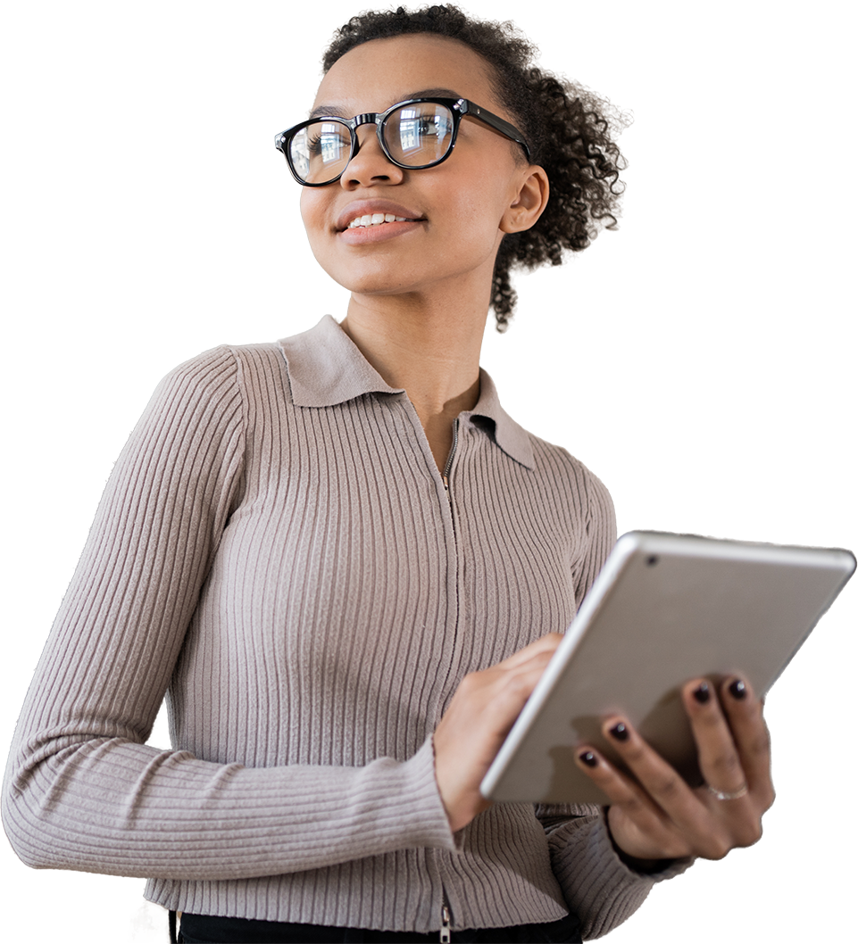 A professional individual holding an ipad