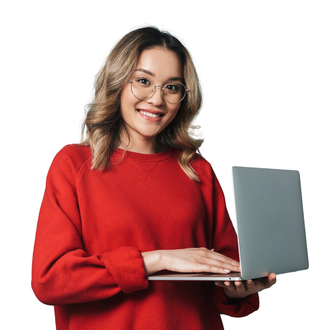 a person in a red sweater holding this laptop