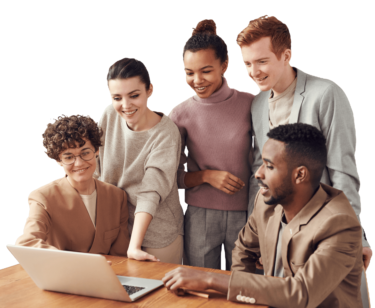 a group of professional individuals looking at a laptop
